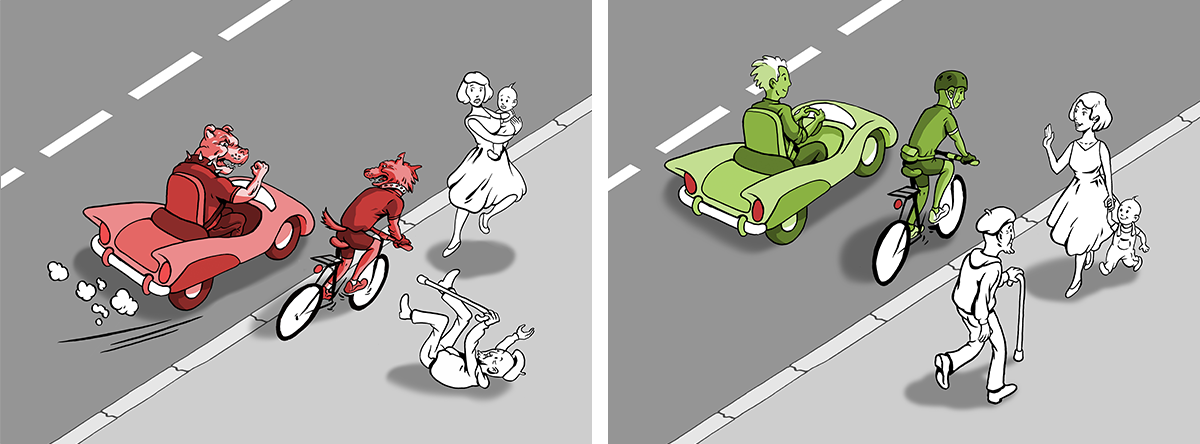 2 obrázky z komiksu - vlevo jede cyklista po chodníku a způsobuje to problémy, vpravo jede po vozovce a vše je v pořádku