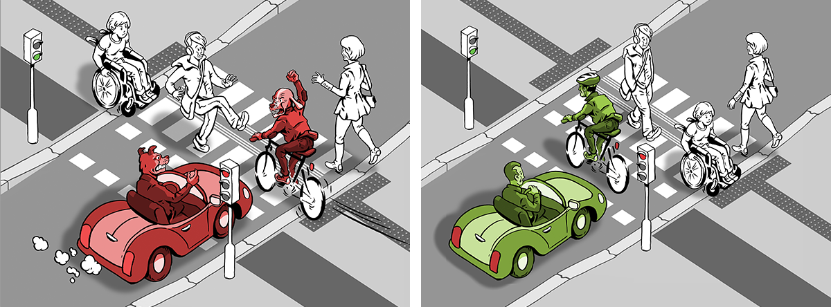 2 komiksové obrázky - vlevo stojí auto na přejezdu pro cyklisty a cyklista jede po přechod pro chodce, vpravo je to správně