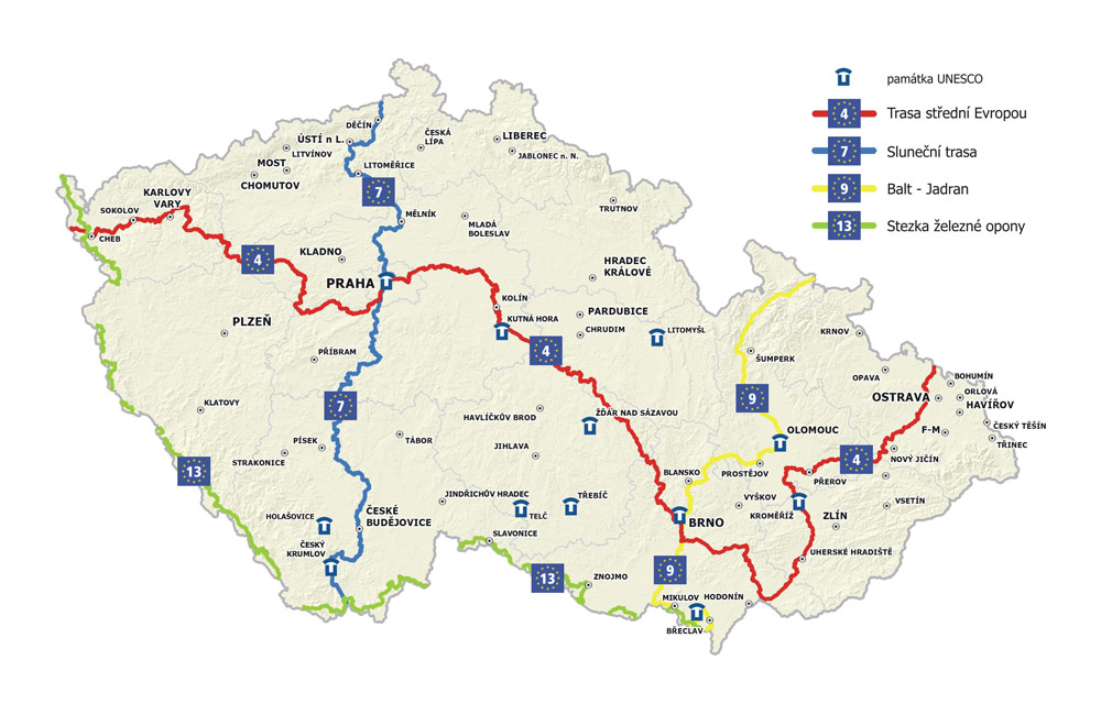 Schématická mapa vedení tras Euro Velo v České republice