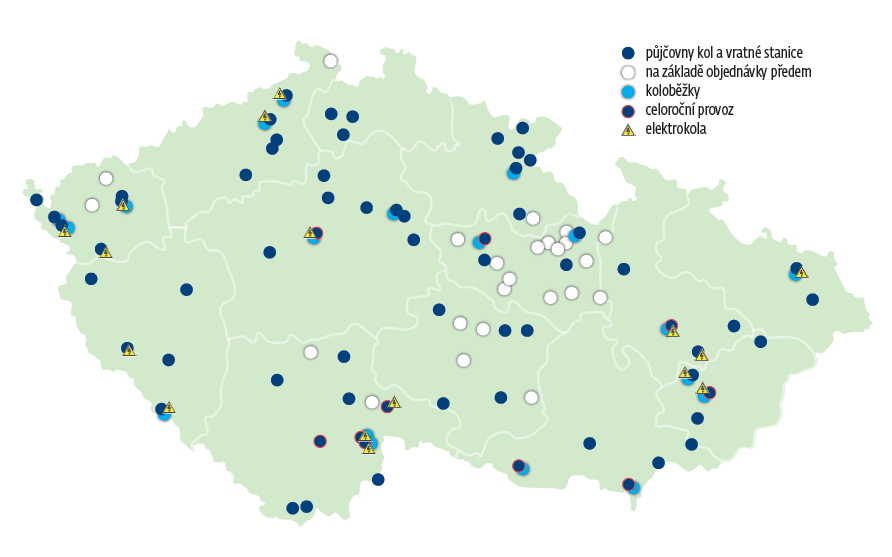 mapa ČR s cyklopůjčovnami ČD Bike