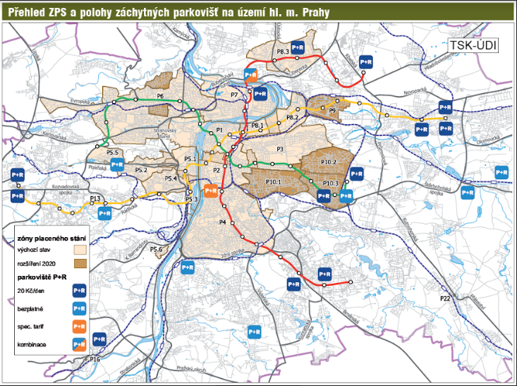 mapka parkovišŤ P+R na území Prahy