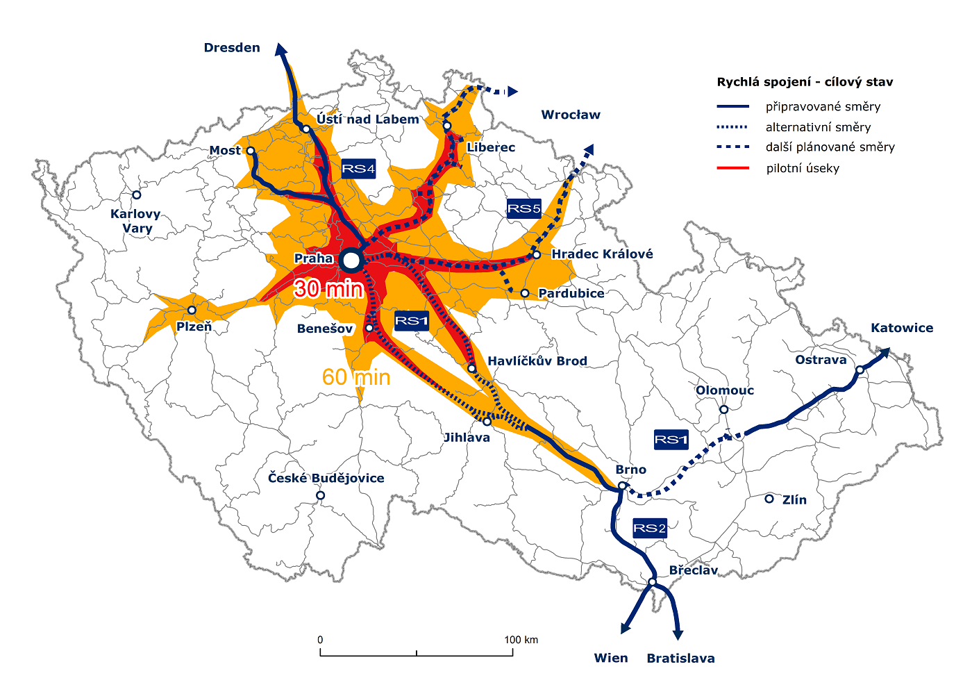 Dostupnost z Prahy za 30 a 60 minut díky VRT | zdroj: SŽ