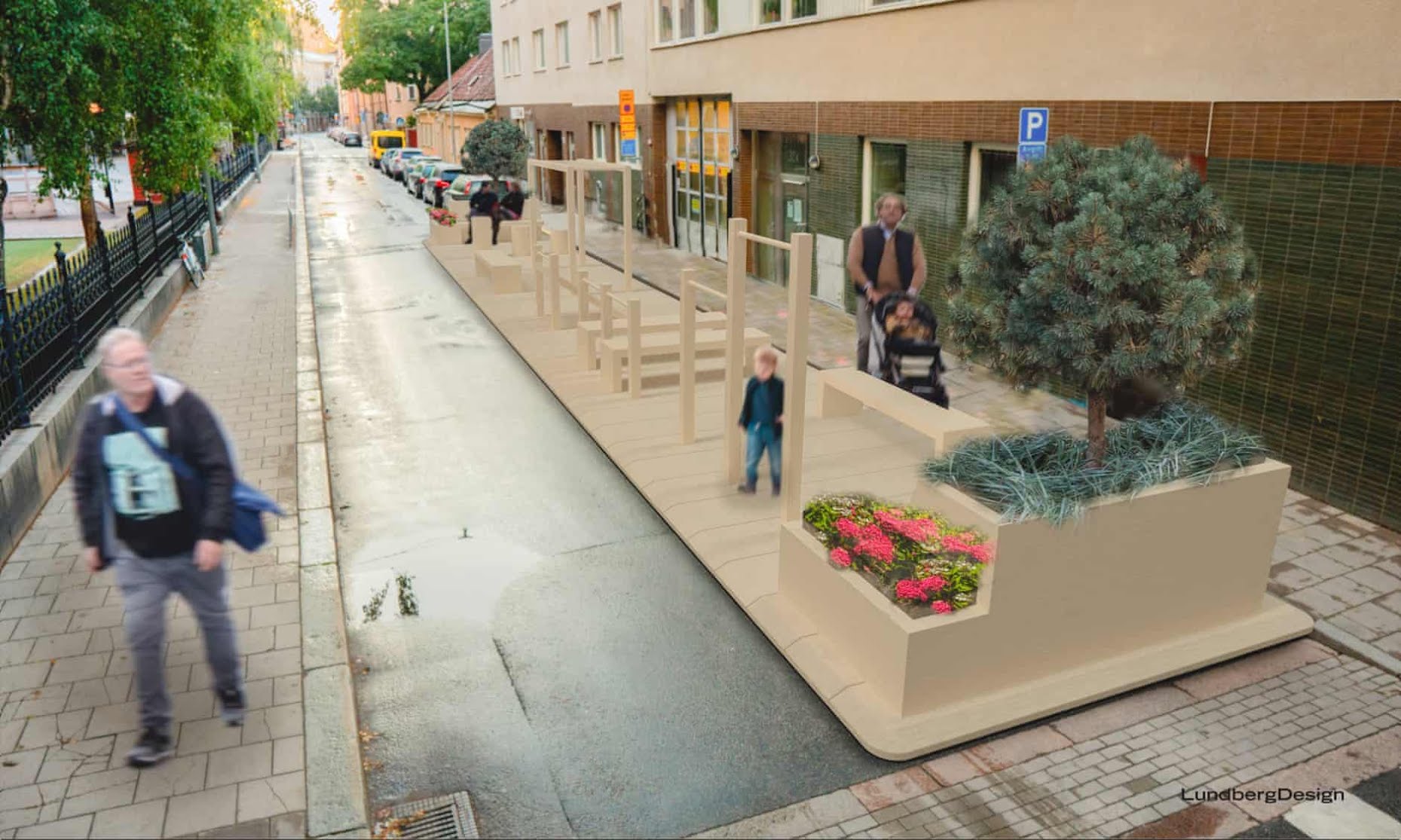 Architektovo ztvárnění nového pop-up veřejného prostoru ve Stockholmu, který je součástí švédského vládního projektu s názvem Street Moves. | zdroj: theguardian.com