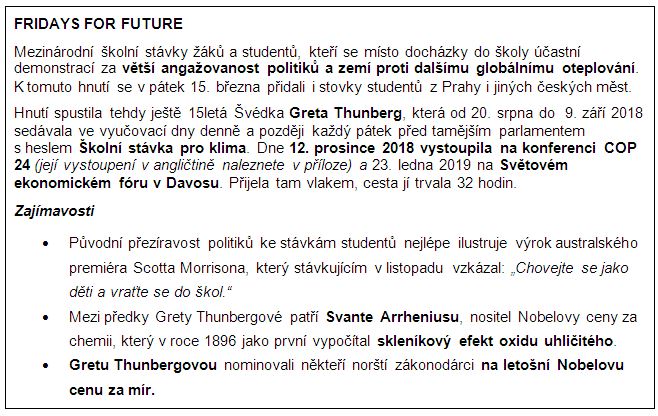 v rámečku info o Stávkách studentů za klima a jejich zakladatelce Grete Thunberg