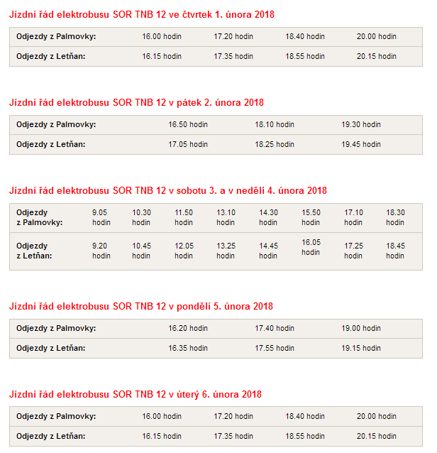 jízdní řády elektrobusu 1. - 6. února