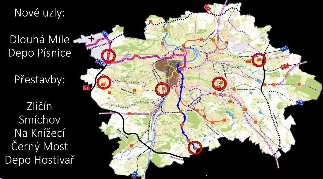 mapka nových přestupních uzlů a těch, které čeká přestavba