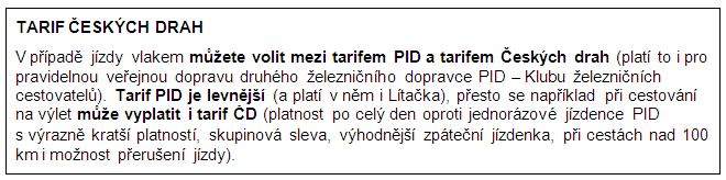informace v rámečku o rozdílech mezi tarifem PID a tarifem Českých drah