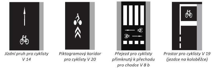 příklady vodorovného značení pro cyklisty a koloběžce