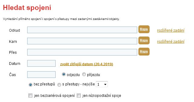 printscreen vyhledávače spojení na webových stránkách DPP