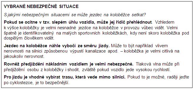 rámeček s výběrem situací, které jsou pro koloběžce jedoucí po silnici nebezpečné