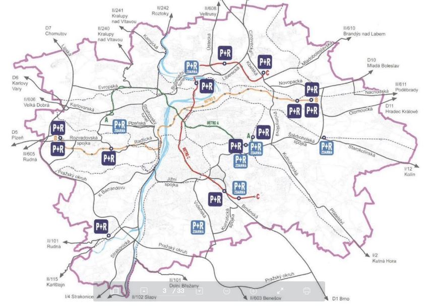 mapka s parkovištěmi P+R v Praze