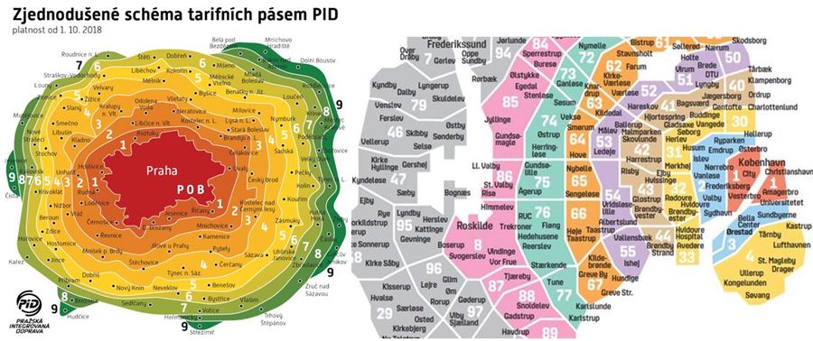 ​ tarifní pásma PID vlevo a Kodaně vpravoPro představu – vlevo Praha a celý Středočeský kraj, vpravo město Kodaň. [Klepněte a táhněte pro přesunutí] ​