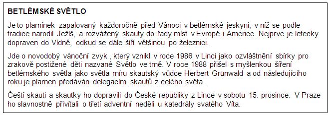 rámeček se stručnou historií novodobého zvyku Betlémského světla