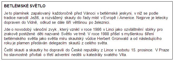 rámeček se stručnou historií novodobého zvyku Betlémského světla