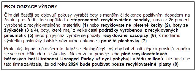 rámeček s informacemi o pokusech vyrábět boty ekologičtěji