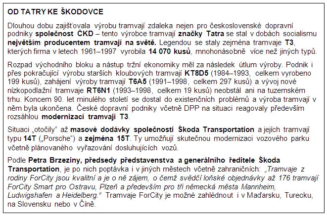 rámeček s informacemi o tramvajích Tatra a současném úspěchu tramvají 15T