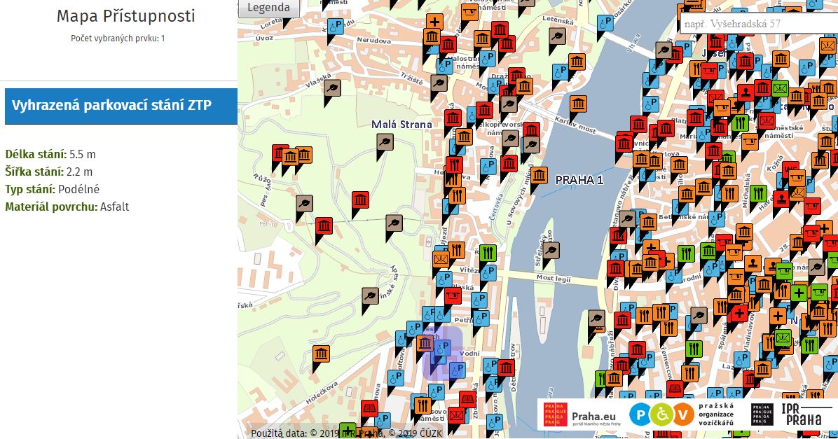 printscreen mapy přístupnosti s údajem o parkovacím stání