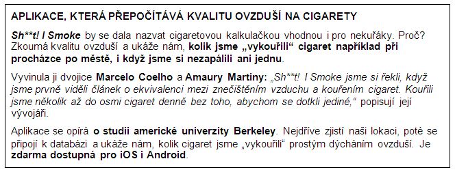 rámeček s informacemi o aplikaci Shit I smoke přepočítávající znečištění ovzduší na cigarety 
