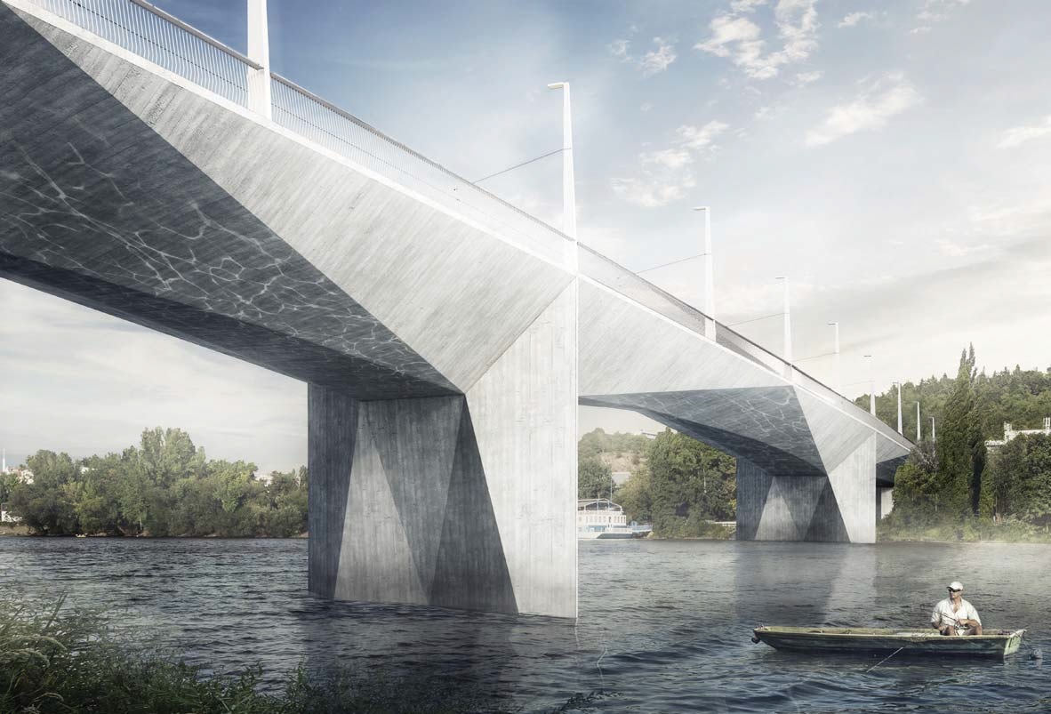 Vizualizace mostu od Vltavy, po které plave labut