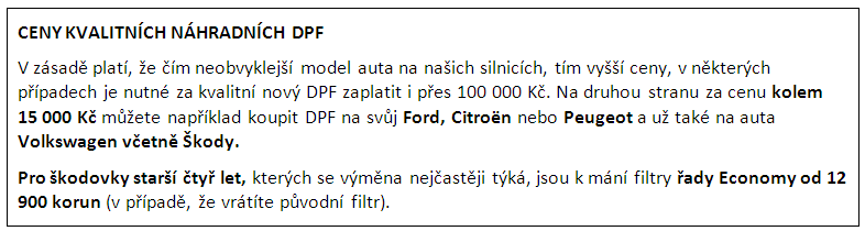 rámeček - ceny DPF u některých automobilek