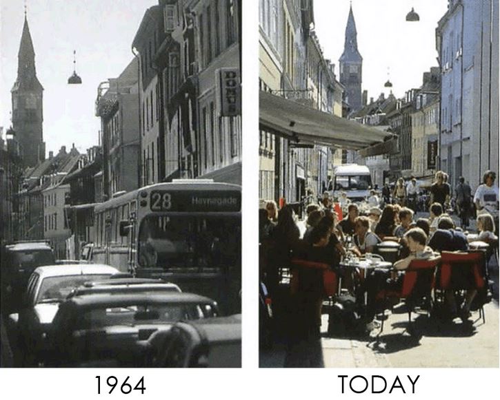 stejné místo "zanšřáděné" auty v r. 1964 a plné lidí dnes...