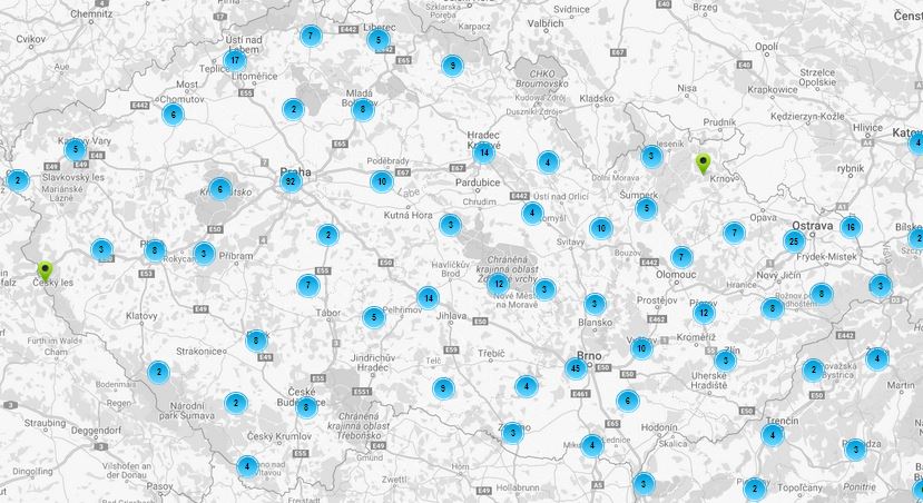 mapka ČR s přehledem nabíjecích stanic
