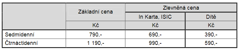 tabulka s cenami a slevami jízdenky