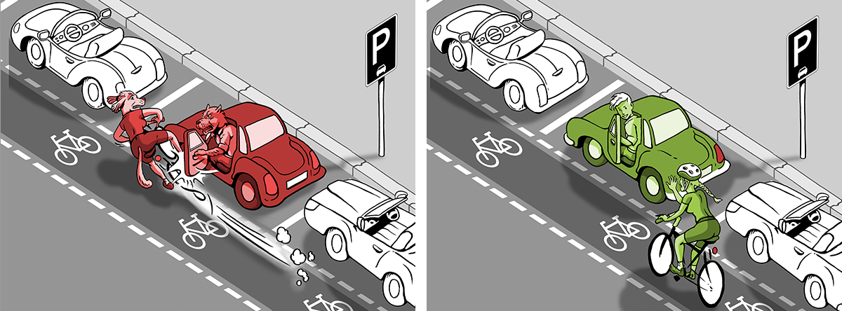 komiks ukazující dvě situace, když řidič chce vystoupit a kolem jede cyklista. Vpravo špatně, vlevo jak to má být