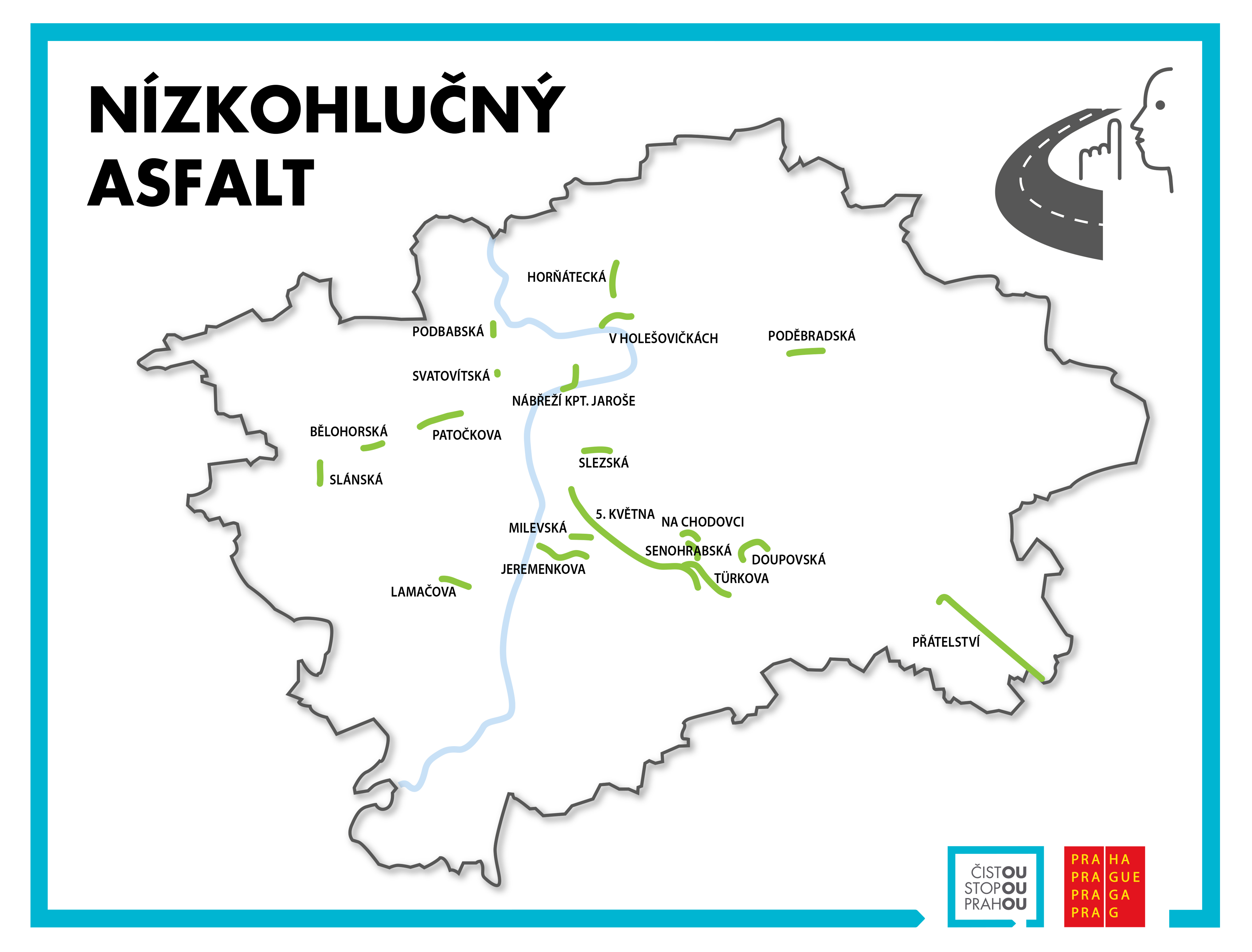 ​    ​orientační mapka s komunikacemi, kde je v Praze nízkohlučný asfalt