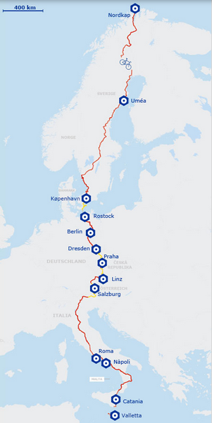 mapka průběhu celé cyklotrasy z Norska na Maltu