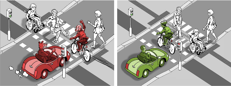 komiksová kresba - přechod pro chodce, vedle přejezd pro cyklisty