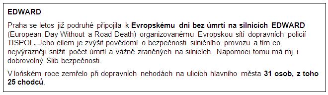 informace v rámečku o Evropském dni bez úmrtí na silnici EDWARD