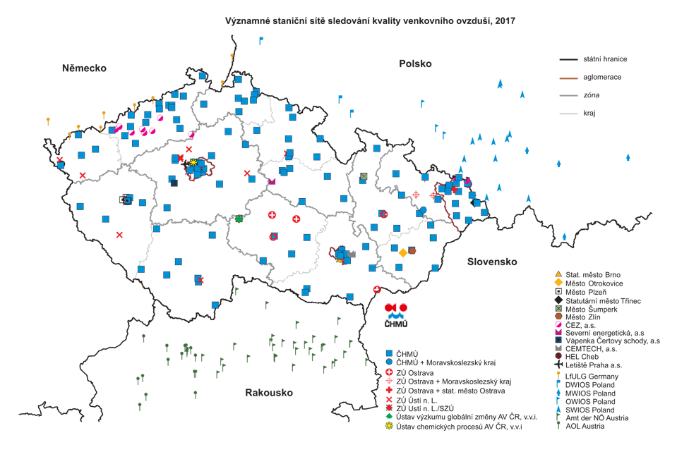 mapka - síť stanic pro sledování kvality ovzduší v ČR