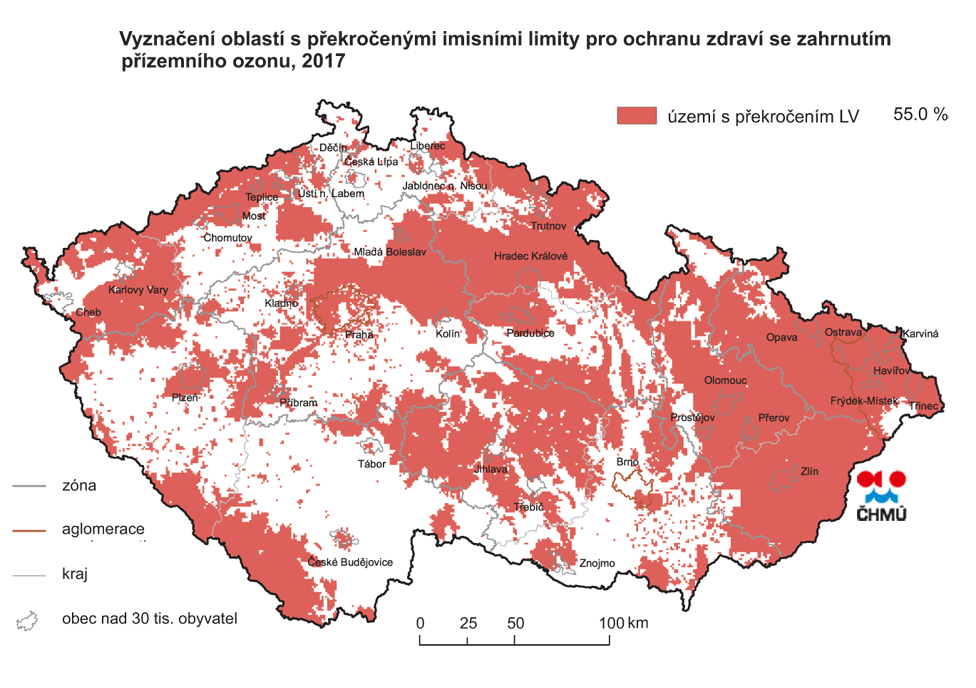 mapka oblastí s překročenými imisními limity pro ochranu zdraví vč. přízemního ozonu v roce 2017