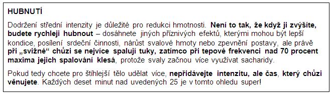 informace v rámečku o tom, že pro hubnutí je opravdu nejlepší dodržovat střední intenzitu chůze. Při vyšší se nespalují tuky, ale cukry.