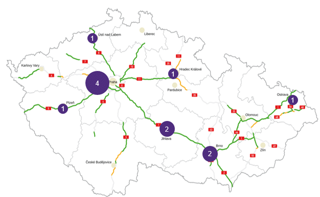 mapka s plánovanou páteřní sítí vodíkových stanic v ČR v roce 2025