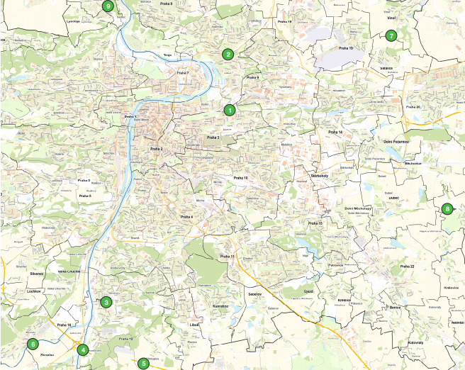 orientační mapka Prahy s bodovým zaznamenáním cyklostaveb v roce 2020