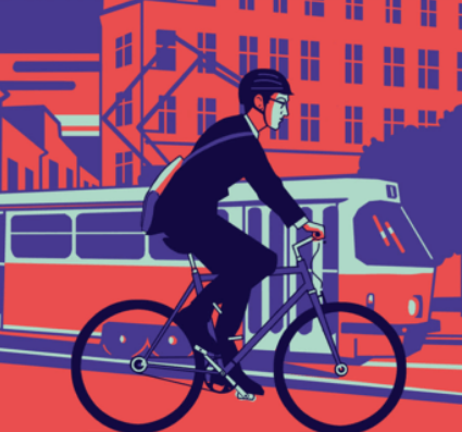 grafika zářijové výzvy - kresba cyklisty jedoucího vedle tramvaje
