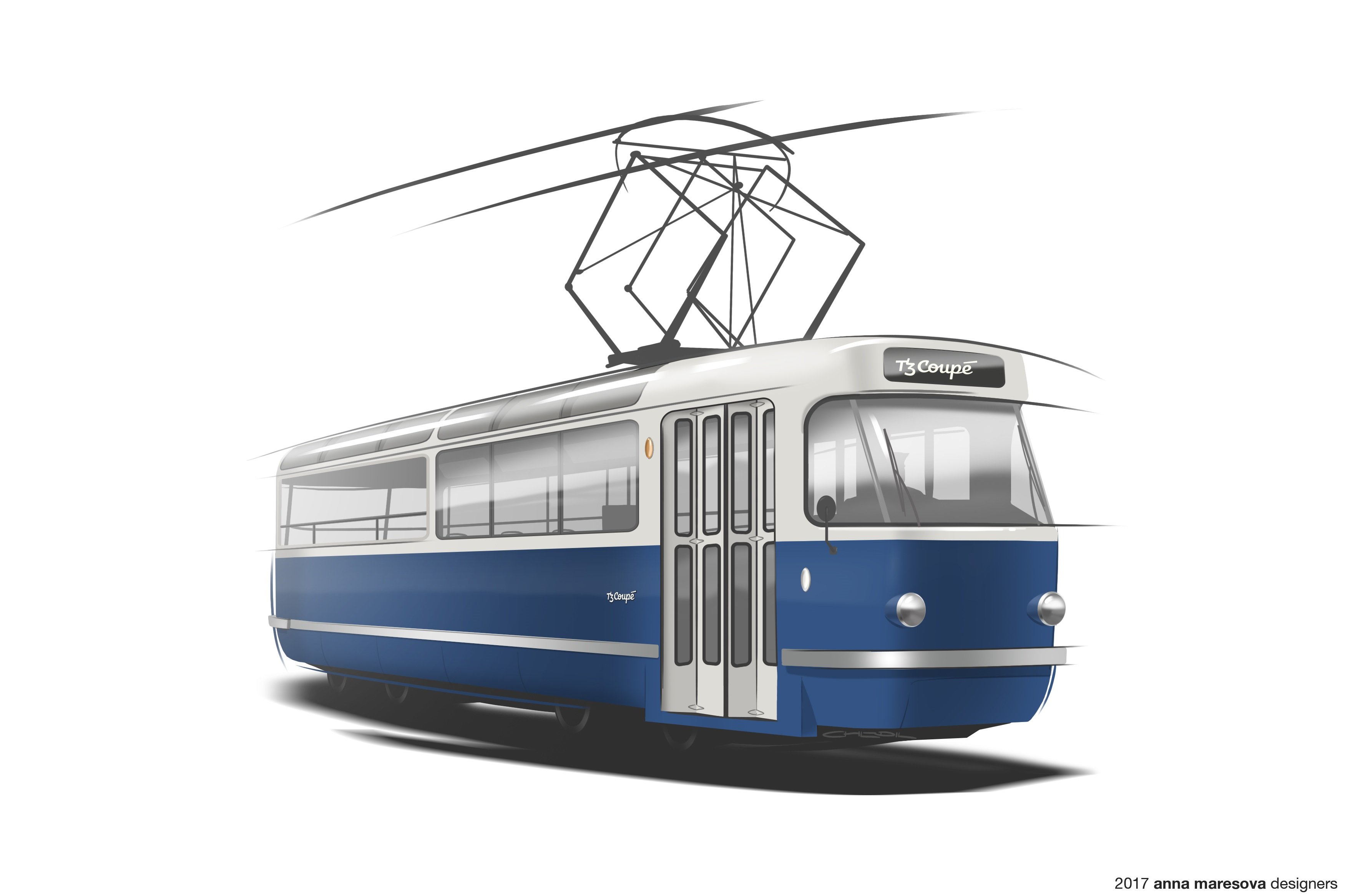 Skica tramvaje T3 Coupé v modré barvě