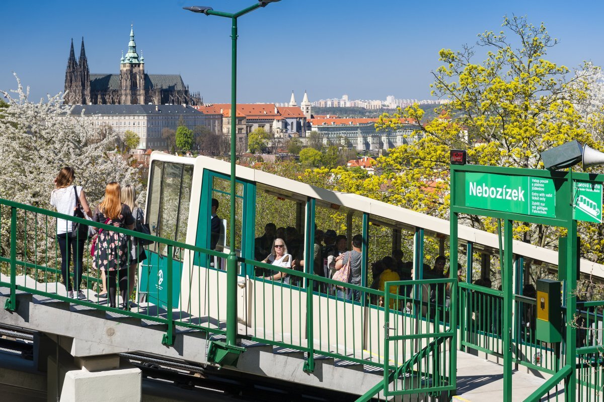 foto lanovky na Petřín v zastávce Nebozízek