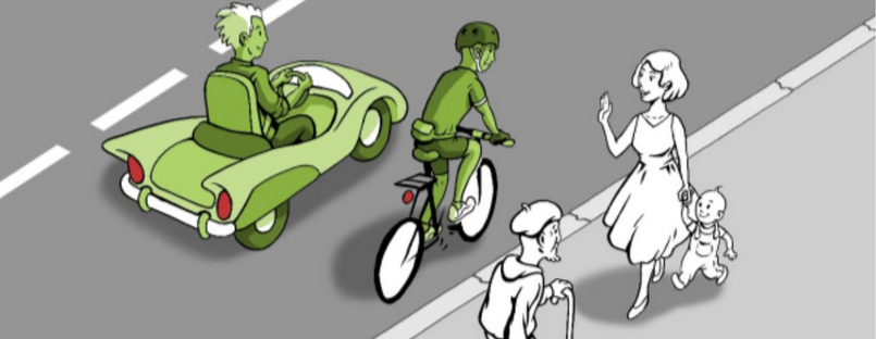 malovaná ilustrace z infobrožury v příloze, auto, cyklista a chodci, všichni "v pohodě"