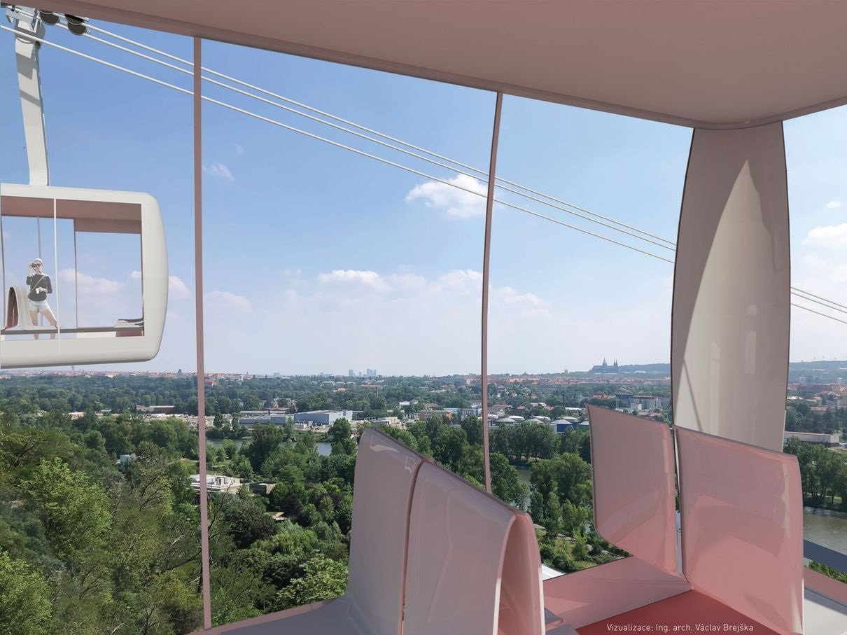 vizualizace interiéru nové lanovky a výhledu na Prahu
