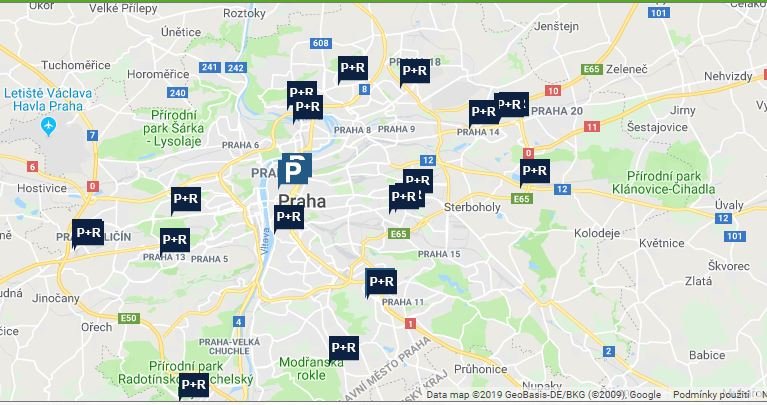 mapka s umístěním parkovišť P+R v Praze
