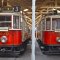 dvě historické tramvaje v muzeu