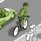 malovaná ilustrace z infobrožury v příloze, auto, cyklista a chodci, všichni "v pohodě"