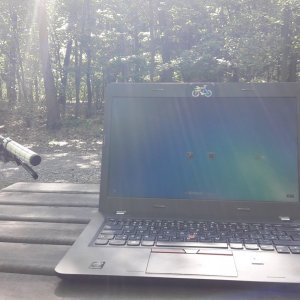 stůl v lese, na něm notebook